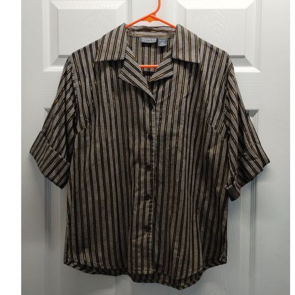 Street Fever Women's Size Large Brown Gold Metallic Striped Roll Tab Sleeve Top - Picture 1 of 6